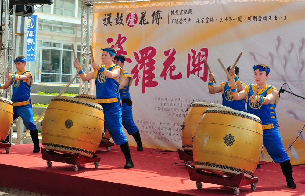 鼓手高舉鼓棒同時落下，鼓面排成一列